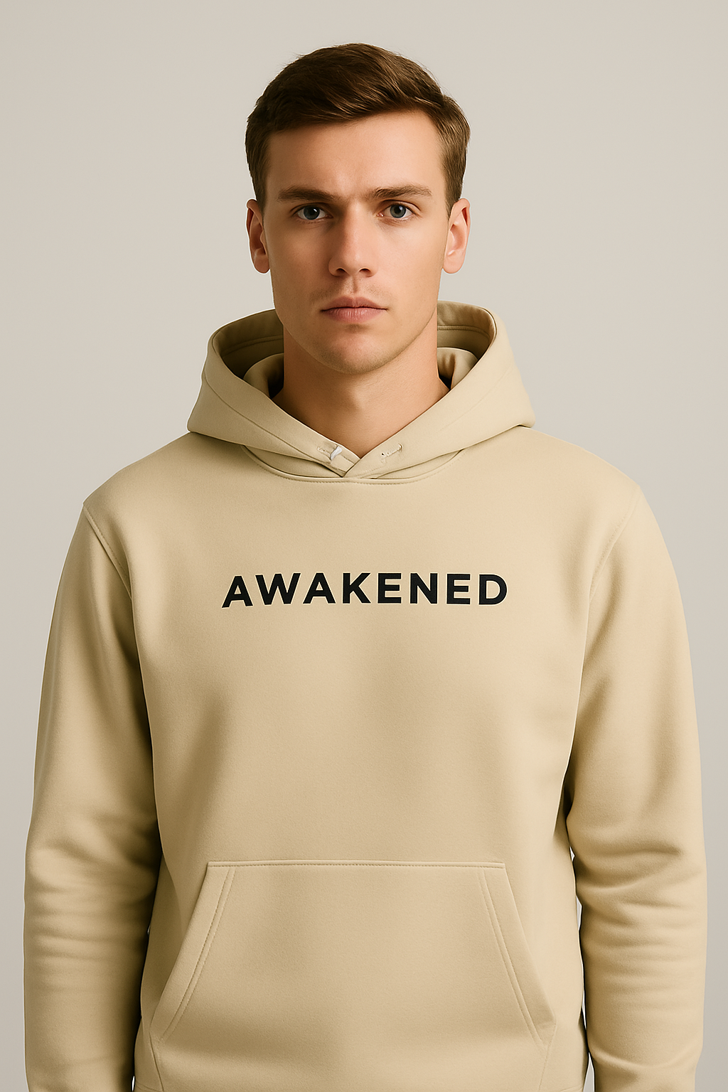 Male model in studio wearing Desmond & Florence AWAKENED hoodie in Desert Dust color, clean look with minimal black embroidery