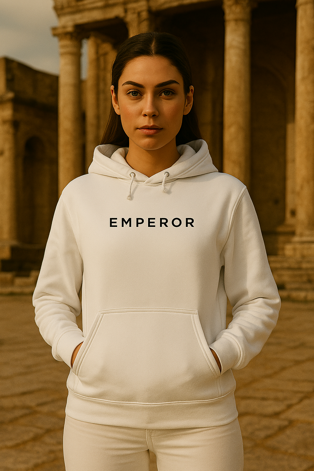 EMPEROR Hoodie – White / Black Embroidery