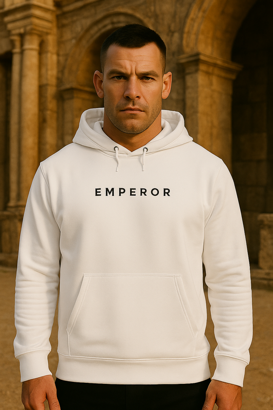 EMPEROR Hoodie – White / Black Embroidery