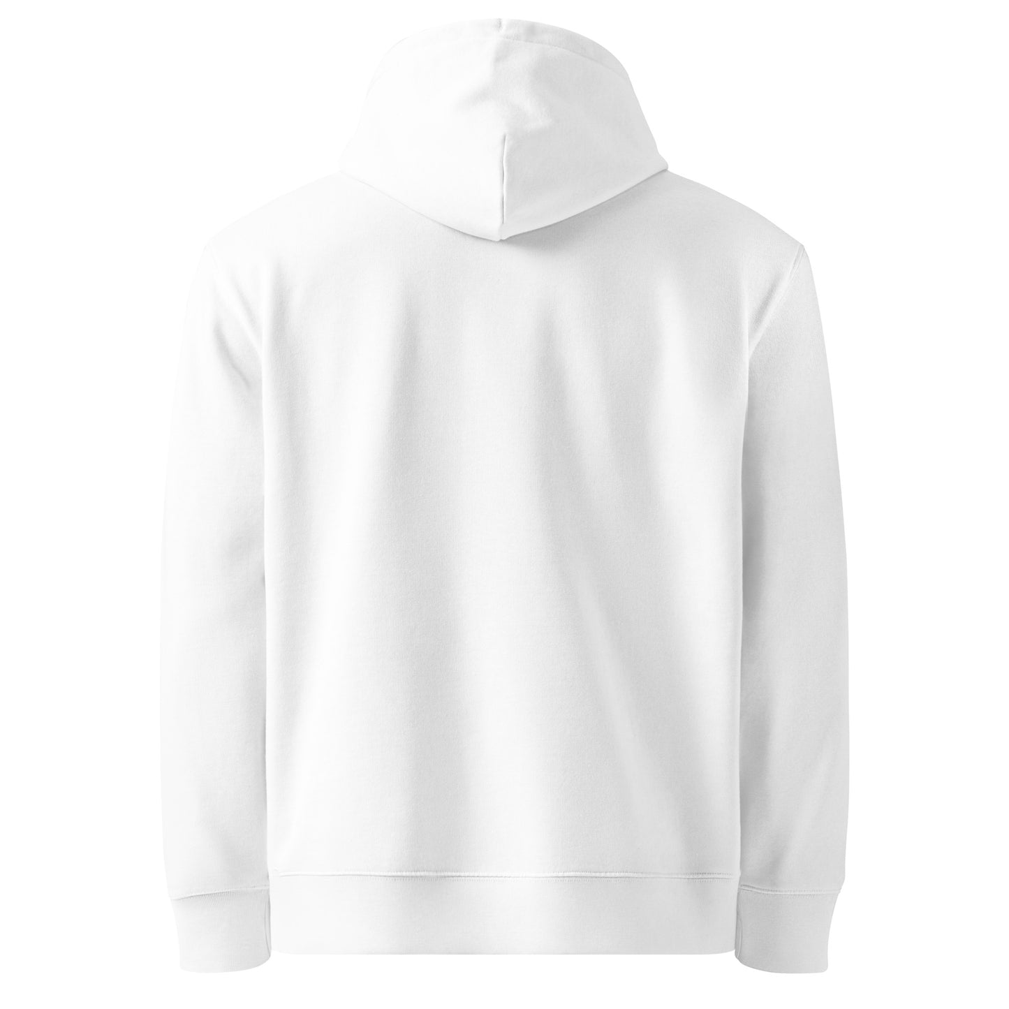 Rear view of the white hoodie showing its structure and minimalist elegance