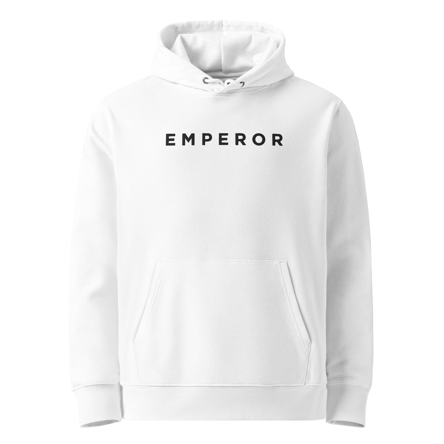 Flat lay of Desmond & Florence white EMPEROR hoodie with clean black embroidery