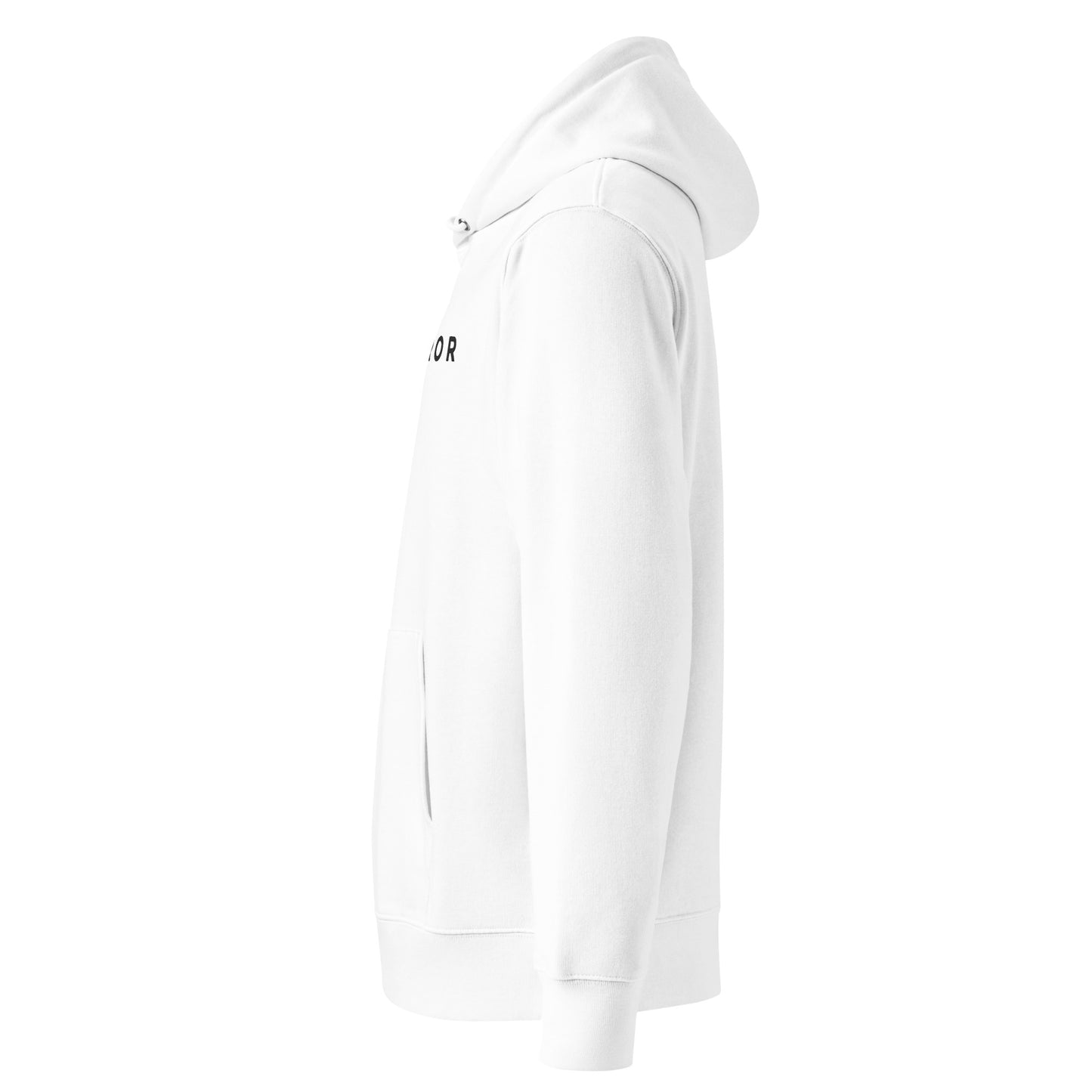 Left profile of hoodie highlighting stitching, hood, and fabric quality