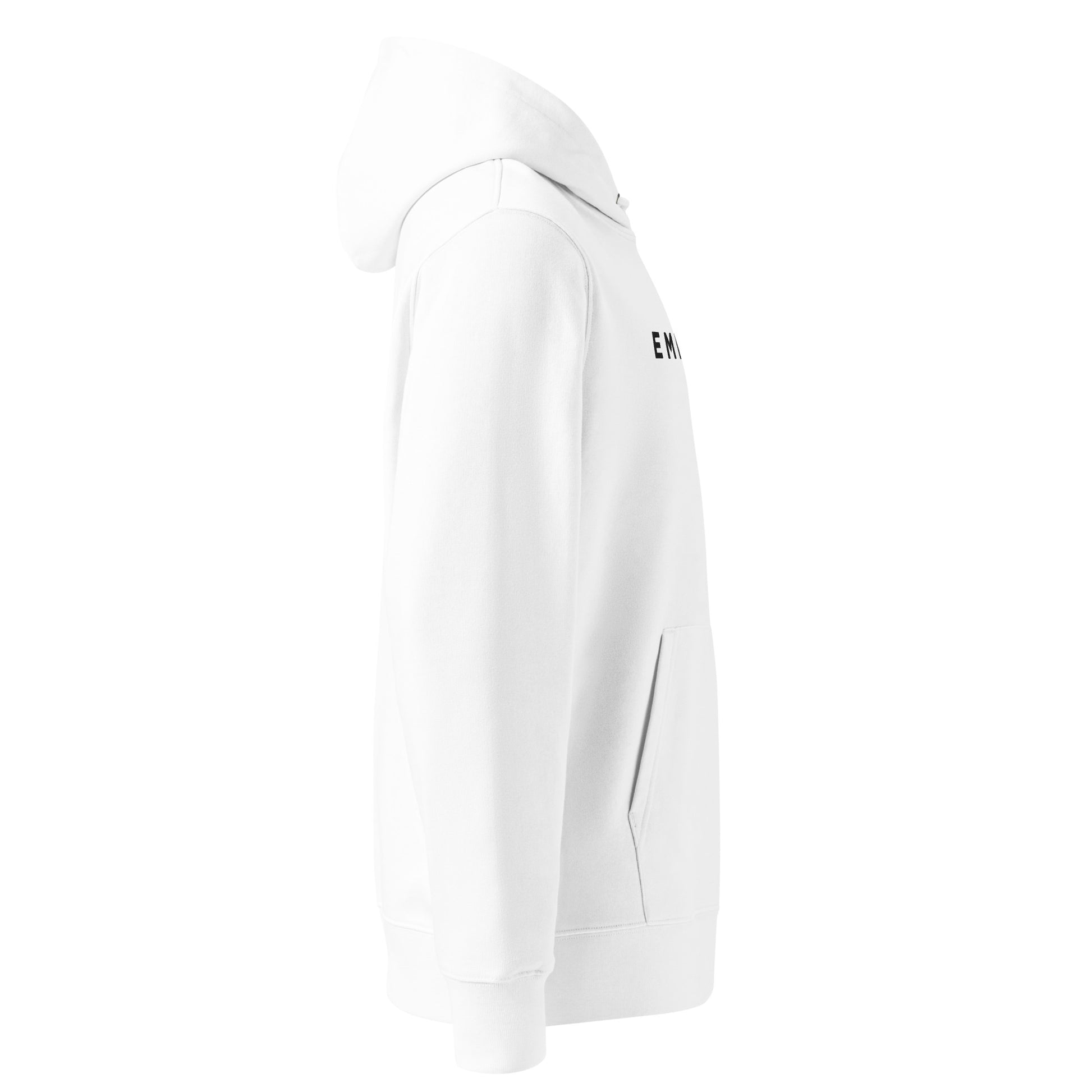 Right profile angle showing texture and sleeve fit of the white EMPEROR hoodie