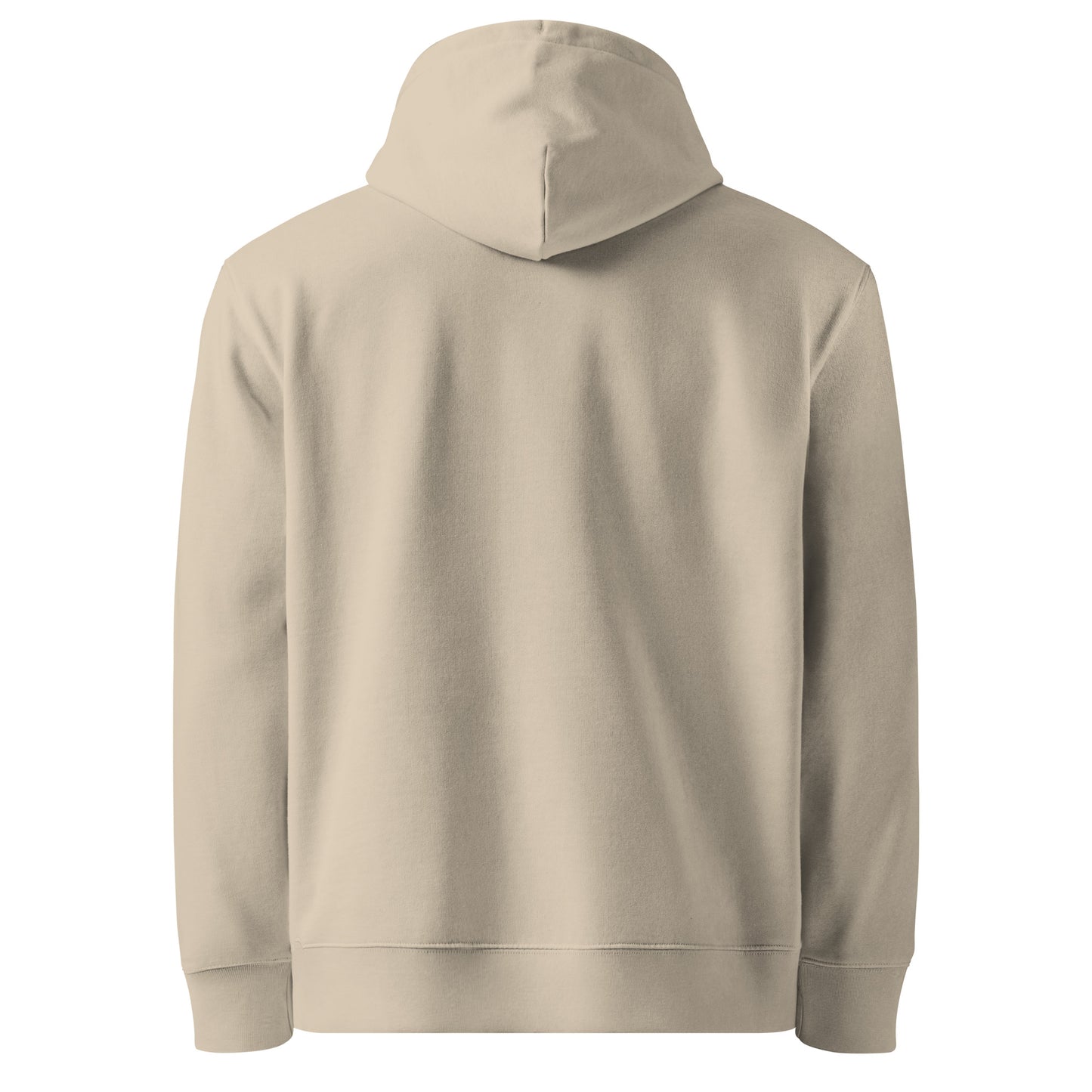 Flat lay back view of AWAKENED Premium Hoodie in Desert Dust color