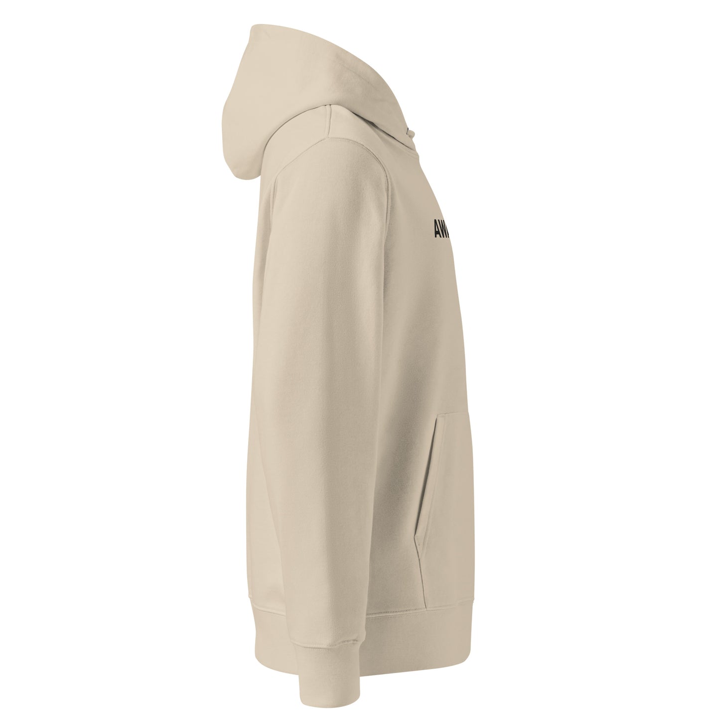 Side view right of AWAKENED Premium Hoodie in Desert Dust color