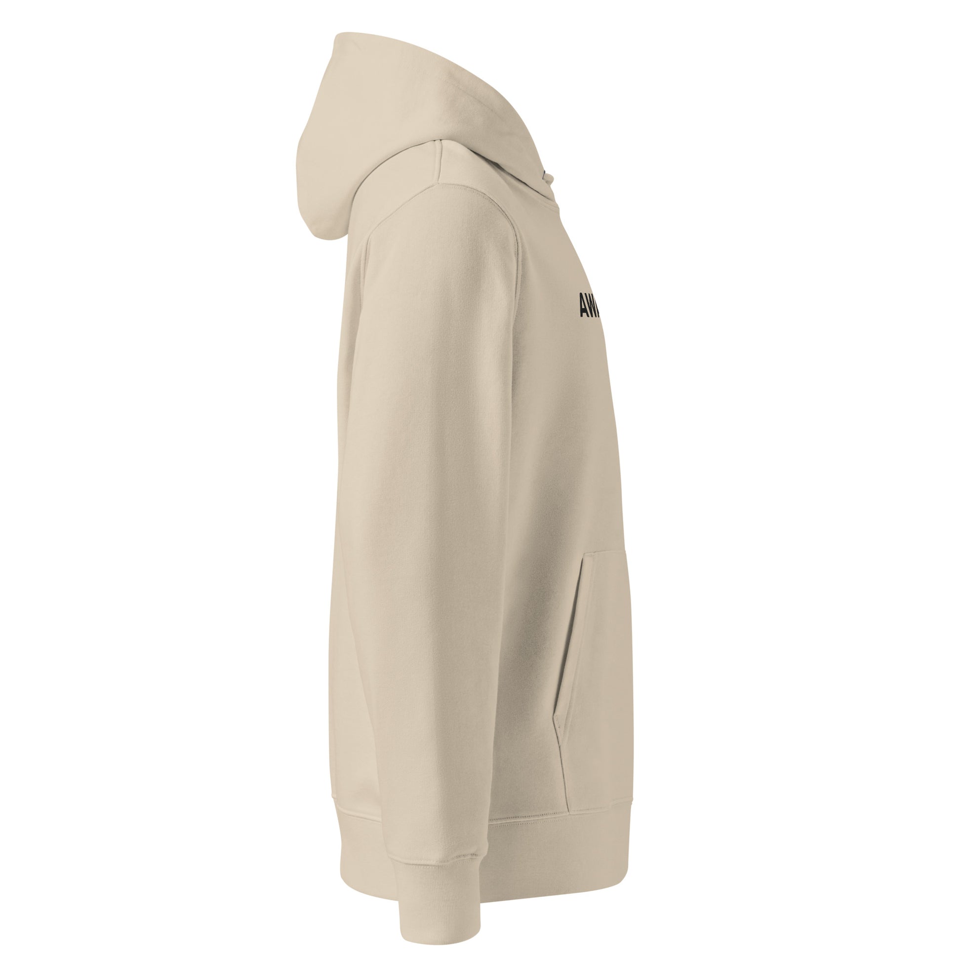 Side view right of AWAKENED Premium Hoodie in Desert Dust color