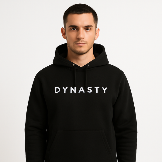 Male model wearing DYNASTY black embroidered hoodie – front view